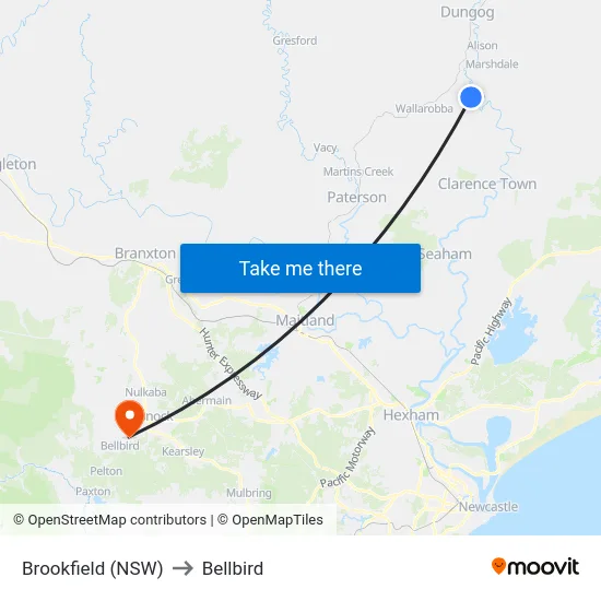Brookfield (NSW) to Bellbird map