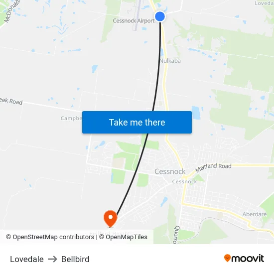 Lovedale to Bellbird map