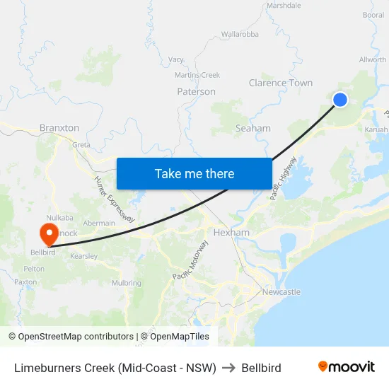Limeburners Creek (Mid-Coast - NSW) to Bellbird map