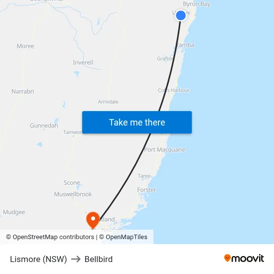Lismore (NSW) to Bellbird map