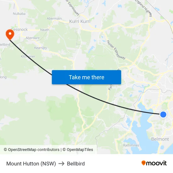 Mount Hutton (NSW) to Bellbird map