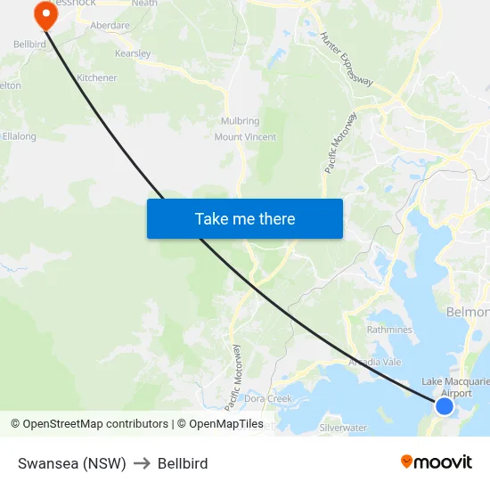 Swansea (NSW) to Bellbird map