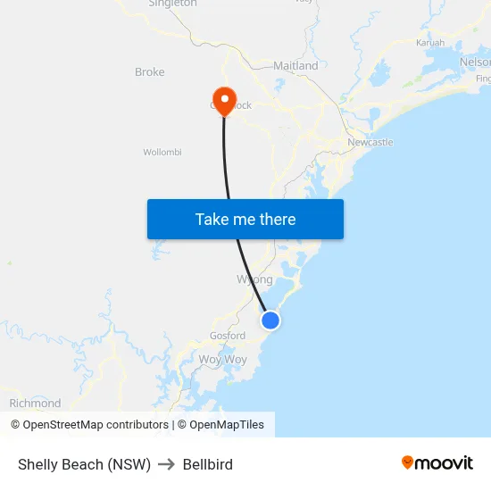Shelly Beach (NSW) to Bellbird map