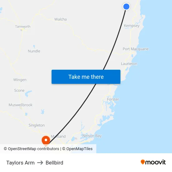 Taylors Arm to Bellbird map