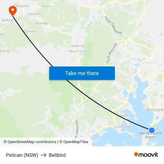 Pelican (NSW) to Bellbird map
