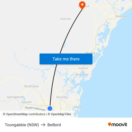 Toongabbie (NSW) to Bellbird map