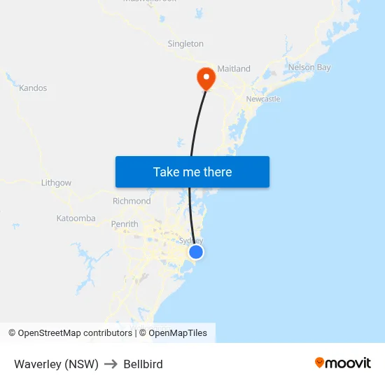 Waverley (NSW) to Bellbird map