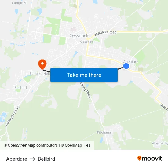 Aberdare to Bellbird map