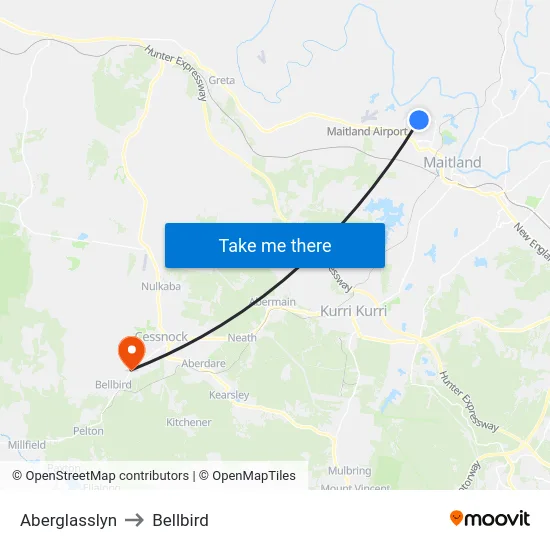 Aberglasslyn to Bellbird map