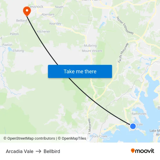 Arcadia Vale to Bellbird map