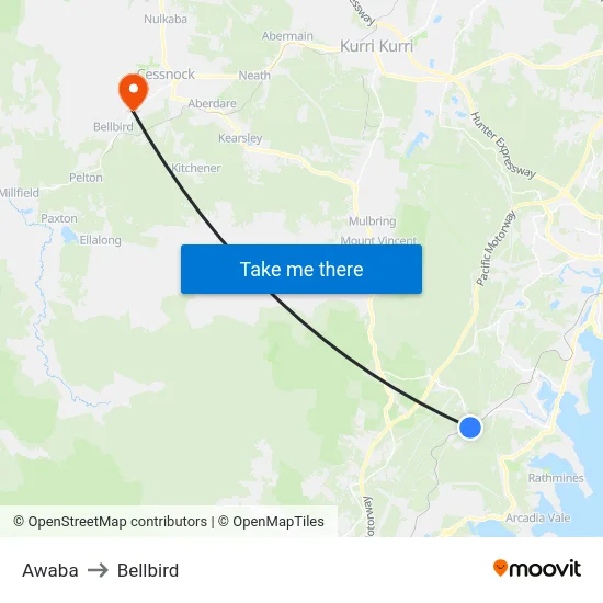 Awaba to Bellbird map