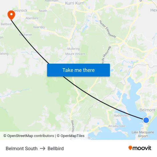 Belmont South to Bellbird map