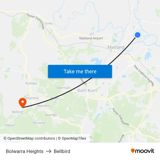 Bolwarra Heights to Bellbird map