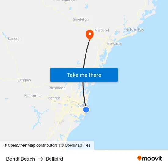 Bondi Beach to Bellbird map