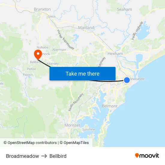 Broadmeadow to Bellbird map