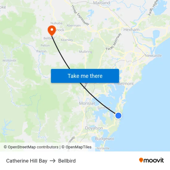 Catherine Hill Bay to Bellbird map