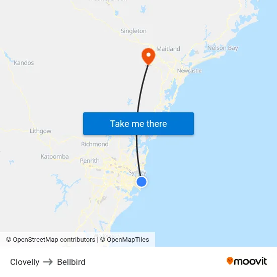Clovelly to Bellbird map