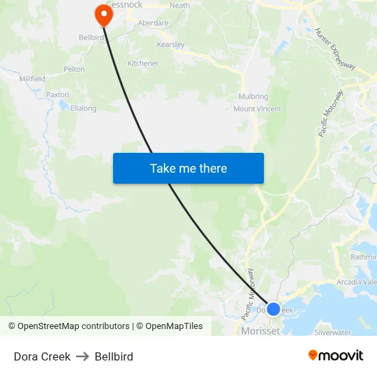 Dora Creek to Bellbird map