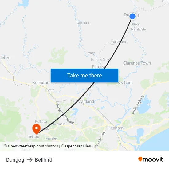 Dungog to Bellbird map