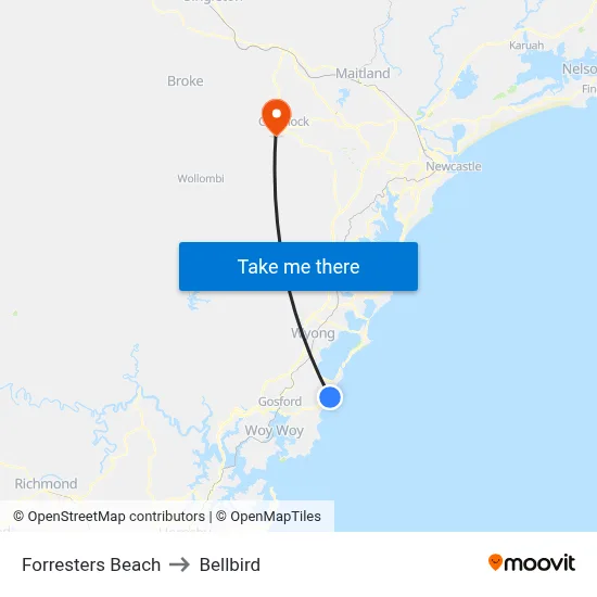 Forresters Beach to Bellbird map