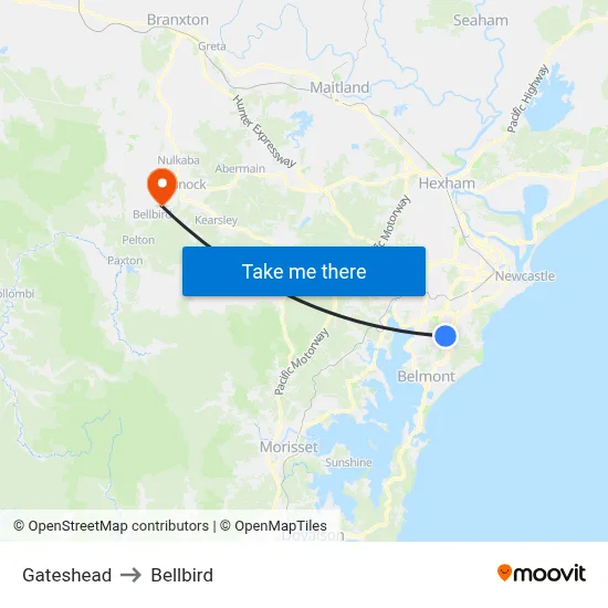 Gateshead to Bellbird map