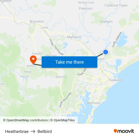 Heatherbrae to Bellbird map