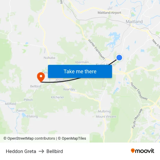 Heddon Greta to Bellbird map