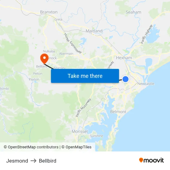 Jesmond to Bellbird map