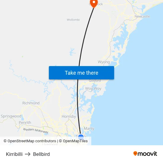 Kirribilli to Bellbird map