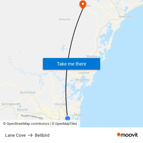 Lane Cove to Bellbird map