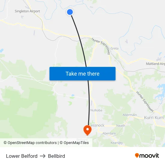 Lower Belford to Bellbird map