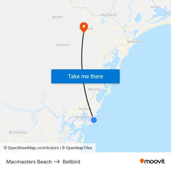 Macmasters Beach to Bellbird map