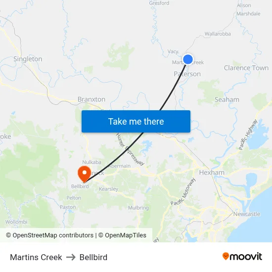 Martins Creek to Bellbird map