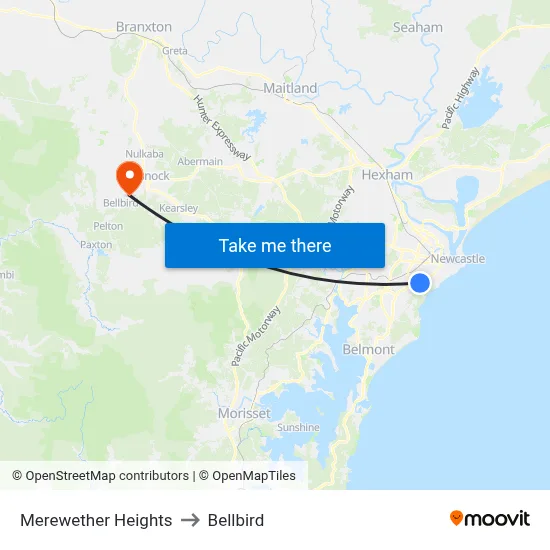 Merewether Heights to Bellbird map