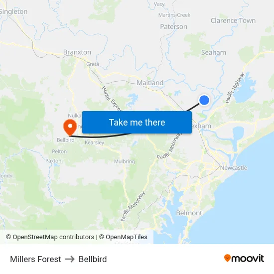Millers Forest to Bellbird map