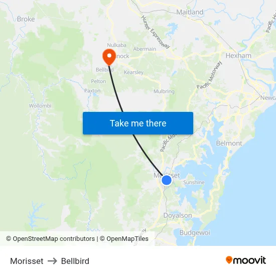 Morisset to Bellbird map