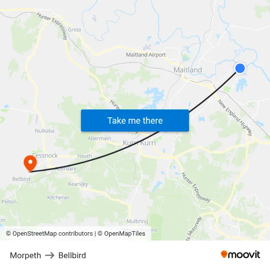 Morpeth to Bellbird map