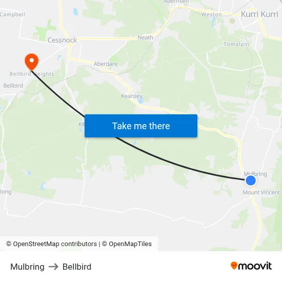 Mulbring to Bellbird map