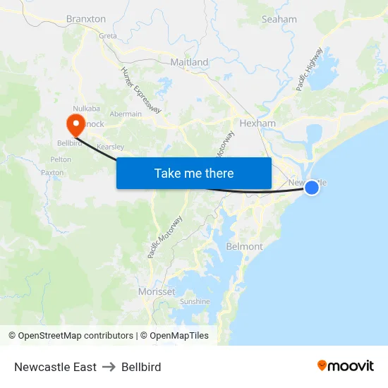 Newcastle East to Bellbird map
