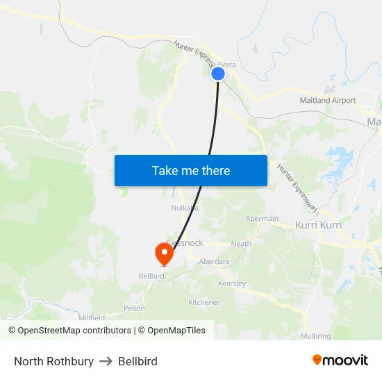 North Rothbury to Bellbird map