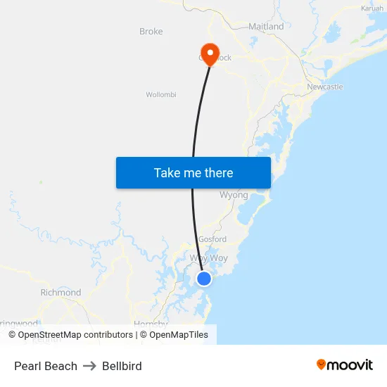 Pearl Beach to Bellbird map