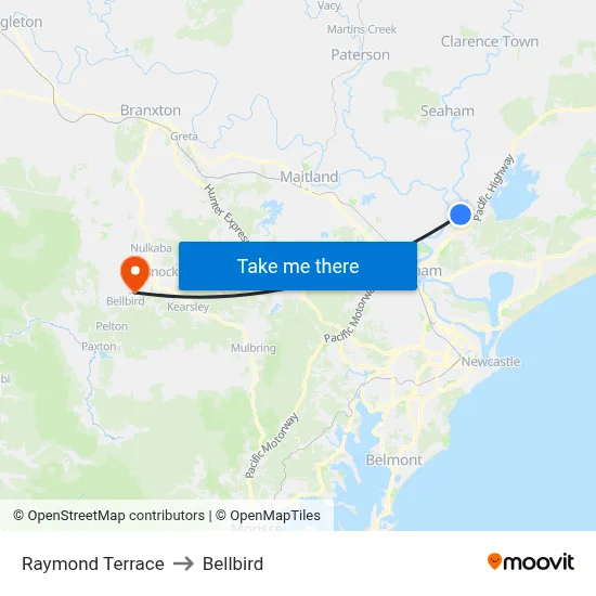 Raymond Terrace to Bellbird map