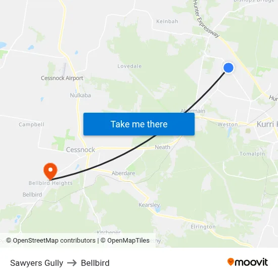 Sawyers Gully to Bellbird map