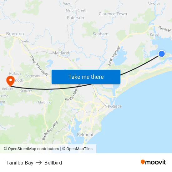 Tanilba Bay to Bellbird map