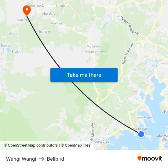 Wangi Wangi to Bellbird map