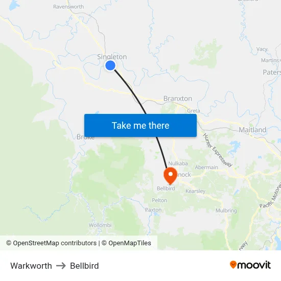 Warkworth to Bellbird map