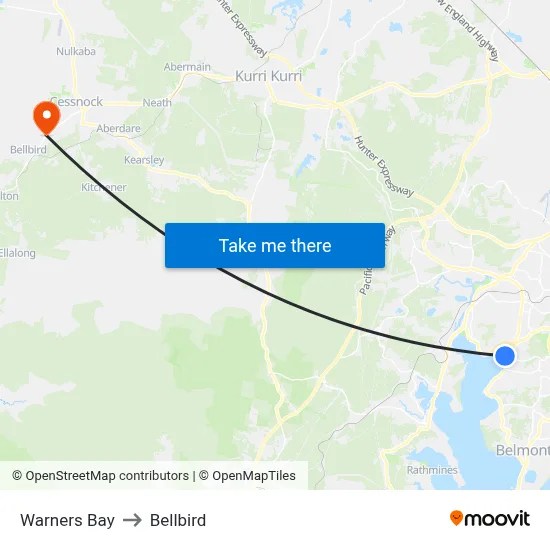 Warners Bay to Bellbird map
