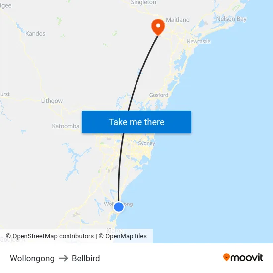 Wollongong to Bellbird map