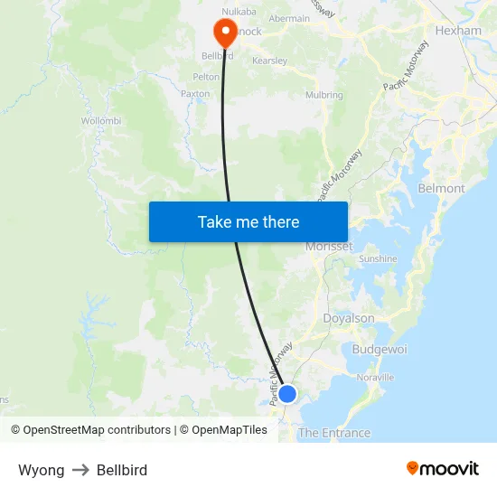 Wyong to Bellbird map