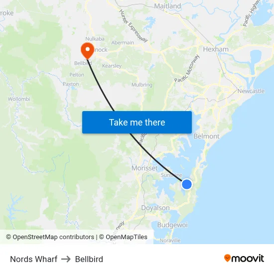 Nords Wharf to Bellbird map